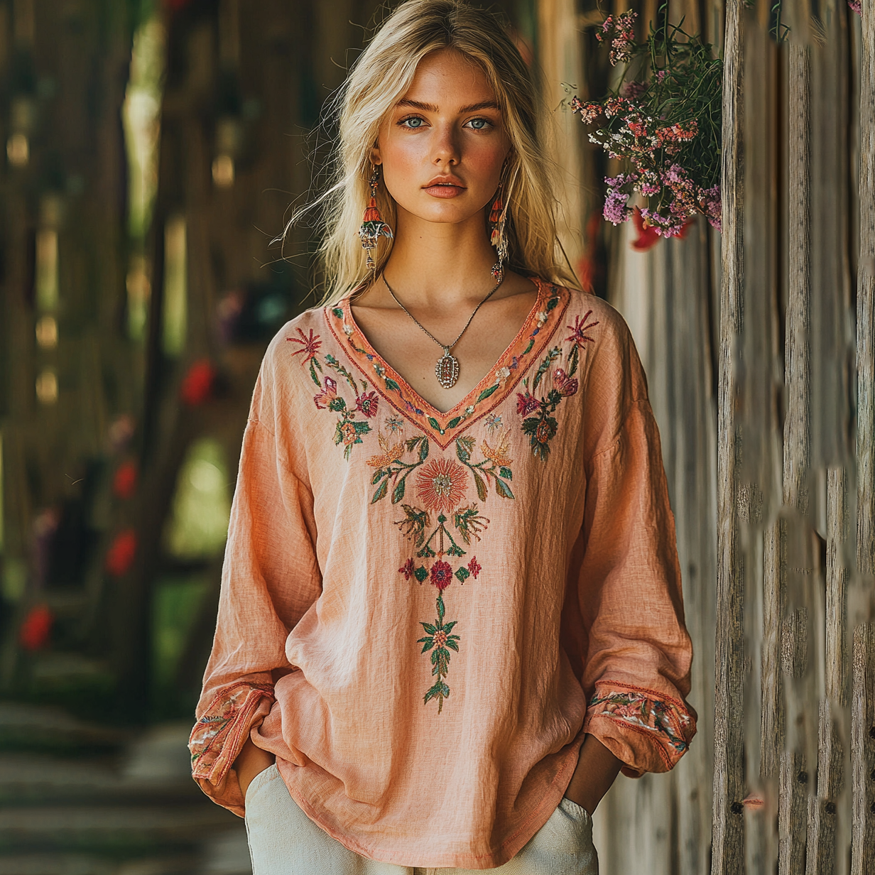 Vintage Bohemian Floral Embroidery Art Cozy Linen Shirt artswardrobe