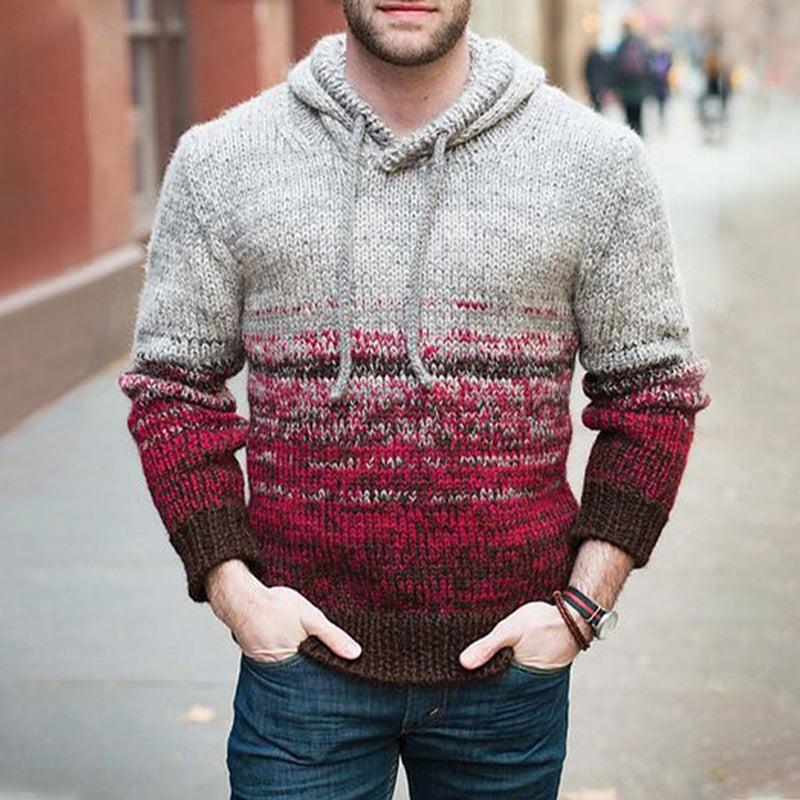 Gradient Burgundy Jacquard Knit Hooded Sweater elevenforest