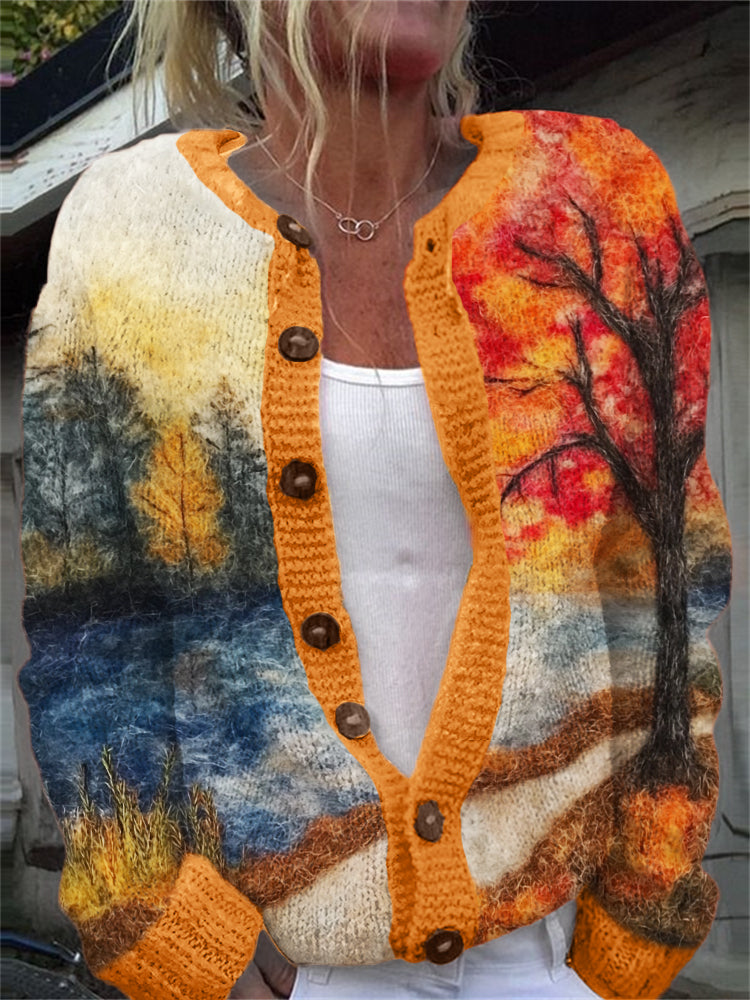 Fall Landscape Felt Art Cozy Knit Cardigan artswardrobe