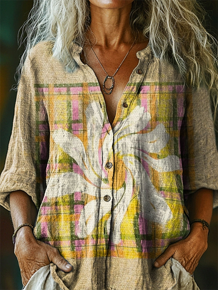 Women's Floral Clash Pattern Art Print Linen Cotton Casual Shirt