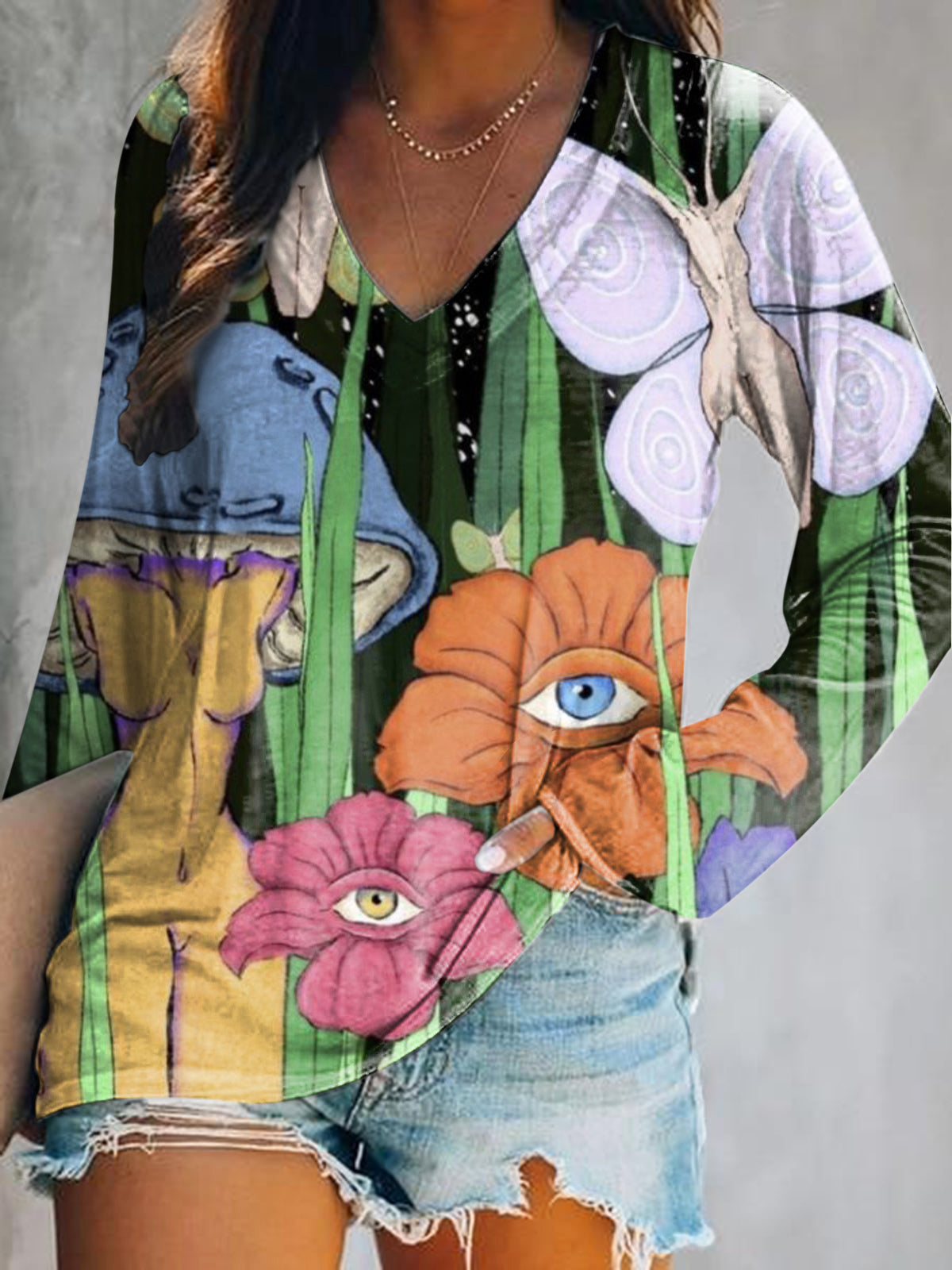 Women's Casual Hippie Floral Art Print V Neck Long Sleeve Tops