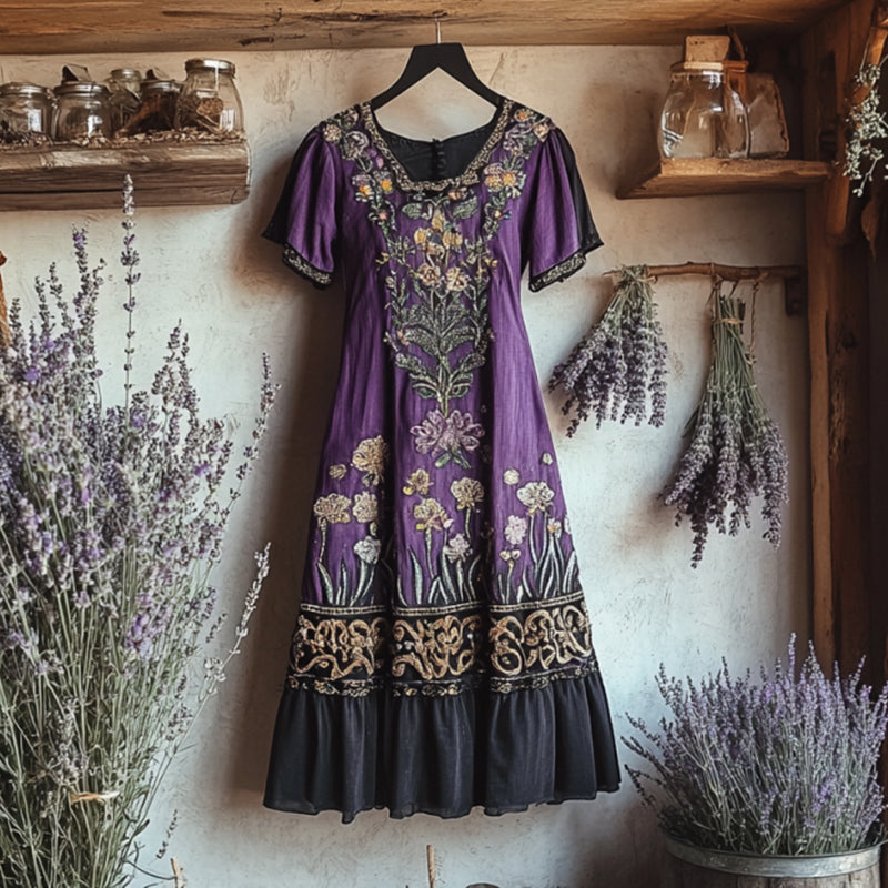 Bohemian Lavender Embroidery Patchwork Art Linen Round Neck Midi Dress artswardrobe