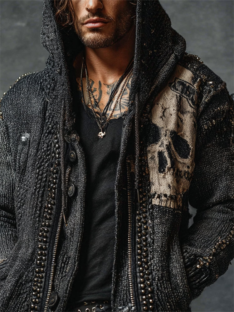 Men's Rock Style Skull Studded Knit Hooded Cardigan artswardrobe