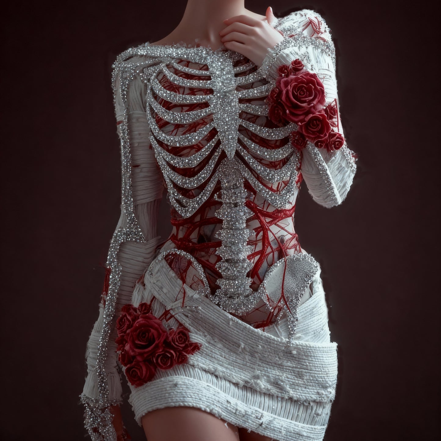 Women's Skeleton Red Rose Art Knit Mini Sweater Dress artswardrobe