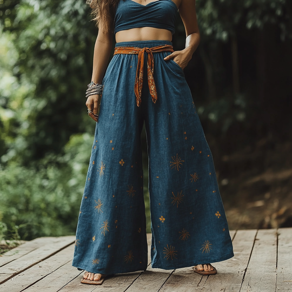 Linen Track Pants With Moon And Star Embroidery artswardrobe