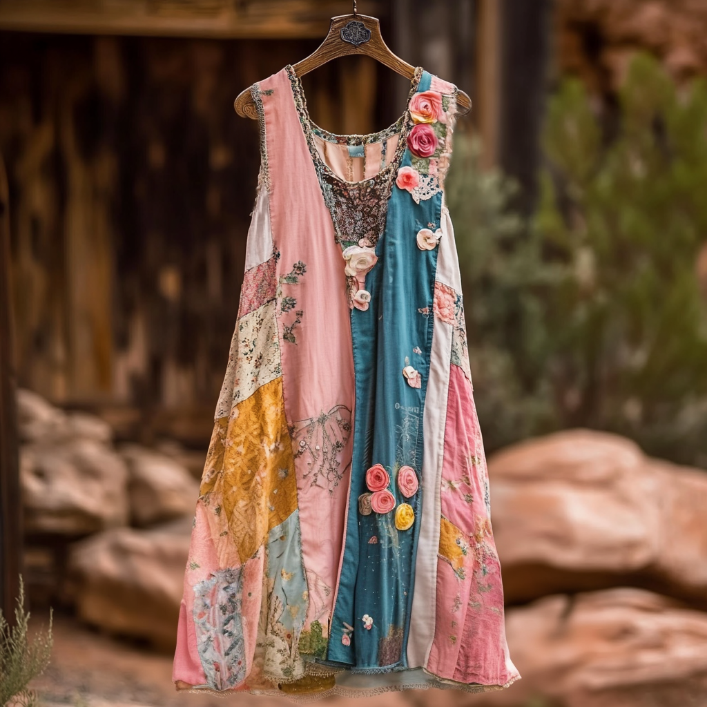 Women's Vintage Floral Applique Art Sleeveless Dress artswardrobe