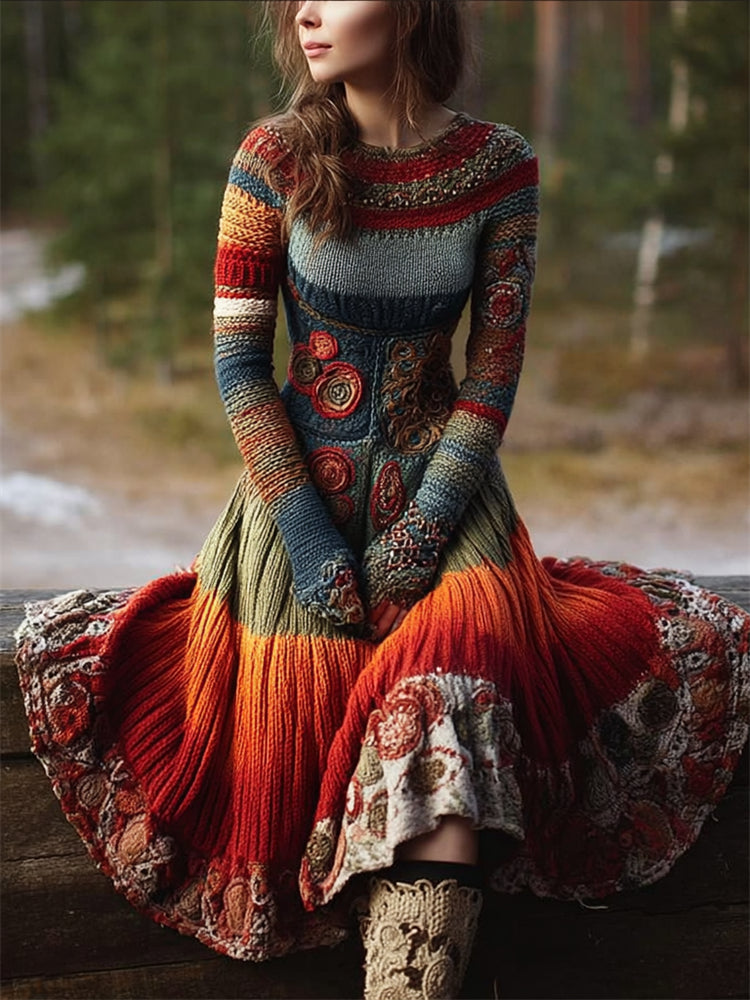 Boho Floral Crochet Geometric Colorblock Maxi Sweater Dress artswardrobe