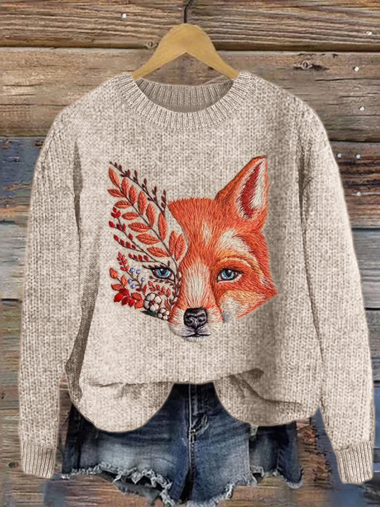 Forest Floral Fox Face Embroidery Art Cozy Knit Sweater artswardrobe