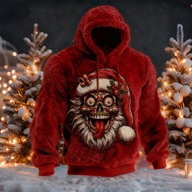 Comstylish Men's Fun Santa Claus Pattern Plush Hoodie