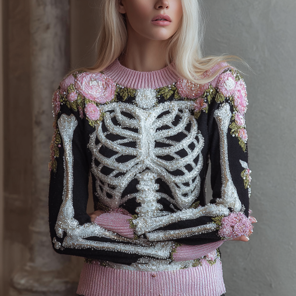 Halloween Skeleton And Plant Flower Pattern Combined Design Women's Knitted Sweater artswardrobe