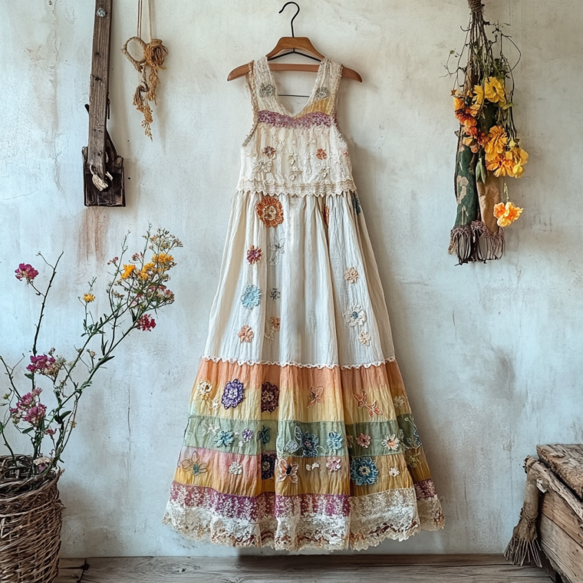 Boho Rainbow Floral Embroidered Pattern Lace Patchwork Art Linen Dress artswardrobe