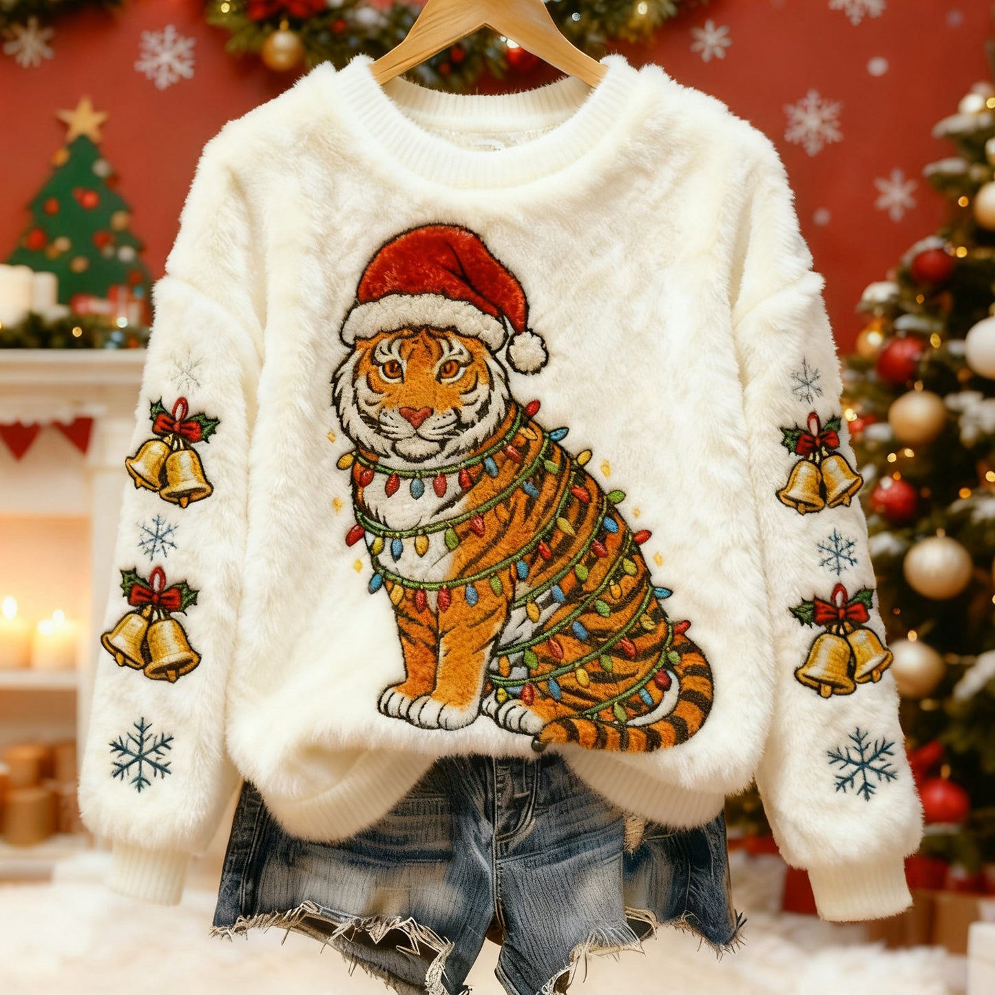 Comstylish Cute Christmas Tiger Pattern Warm Crew Neck Sweater