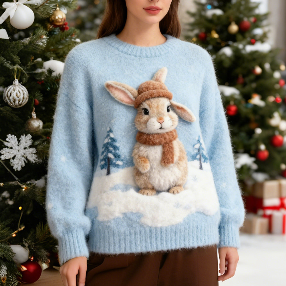 Cute Christmas Rabbit Women's Crew Neck Knit Sweater