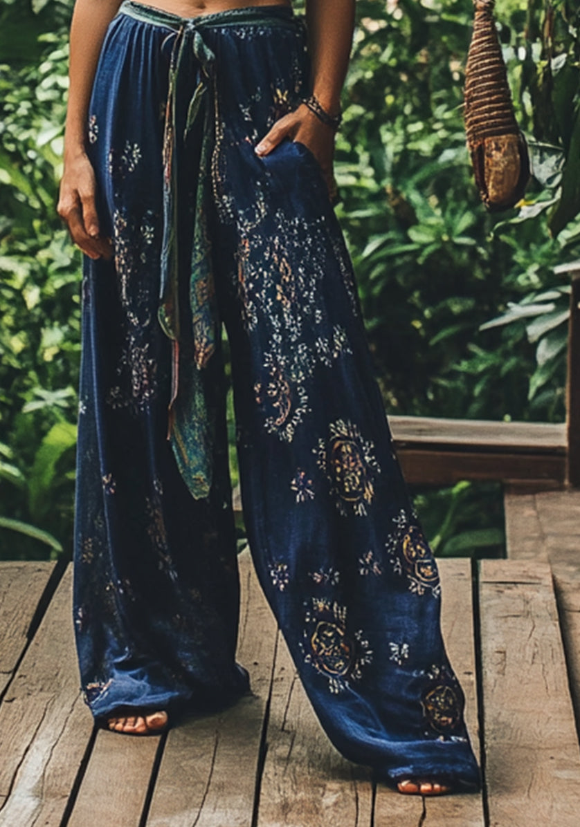 Holiday Floral Embroidered Linen Track Pants artswardrobe