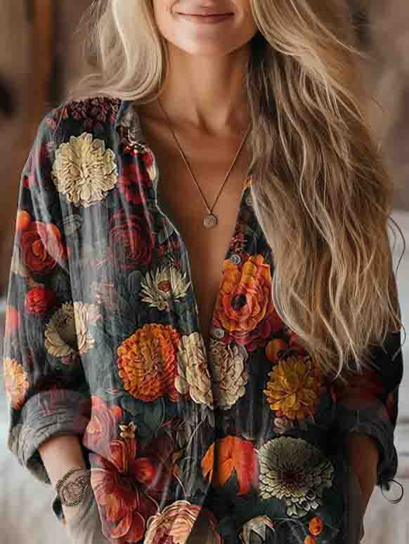 Women's Vintage Floral Art Print Casual Long Sleeve Comfortable Cotton