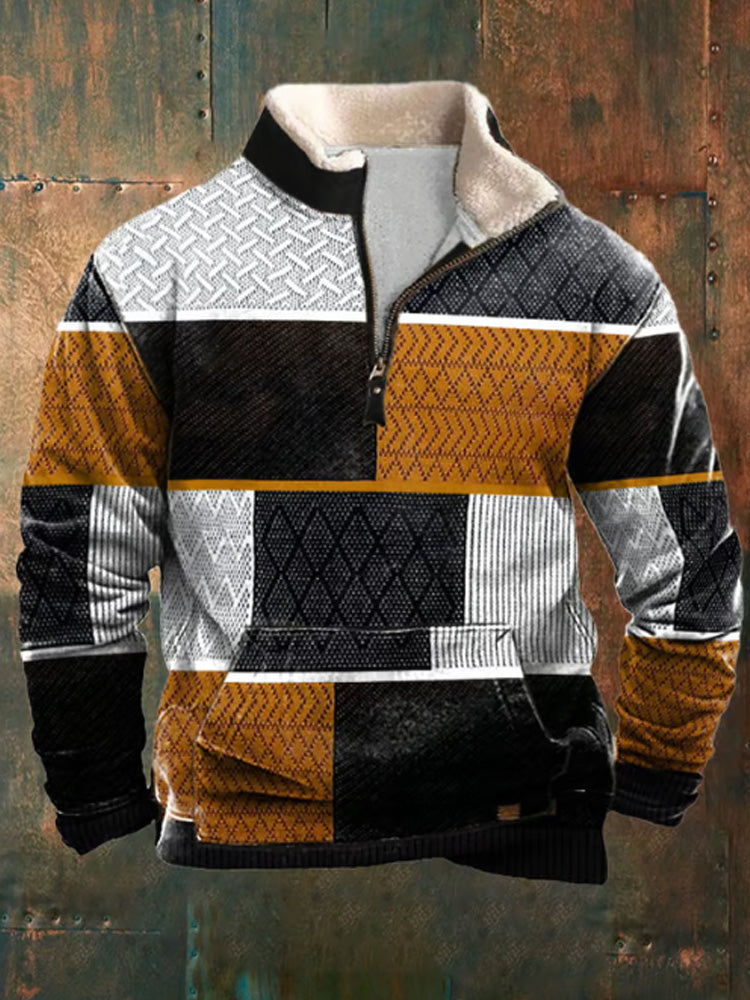Men's Retro Western Print Plush Stand Collar Zip Sweatshirt elevenforest