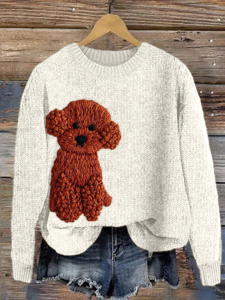 Comstylish Cute Dog Embroidery Cozy Knit Sweater