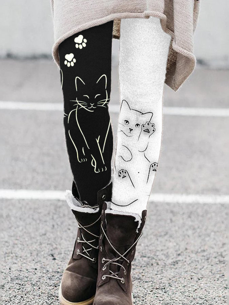 Lovely Black & White Cats Contrast Color Leggings elevenforest