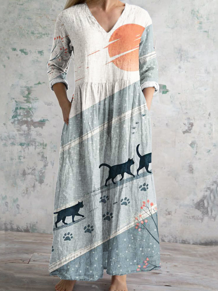 Comstylish Japanese Art Cat Print Women's Linen Maxi Dress