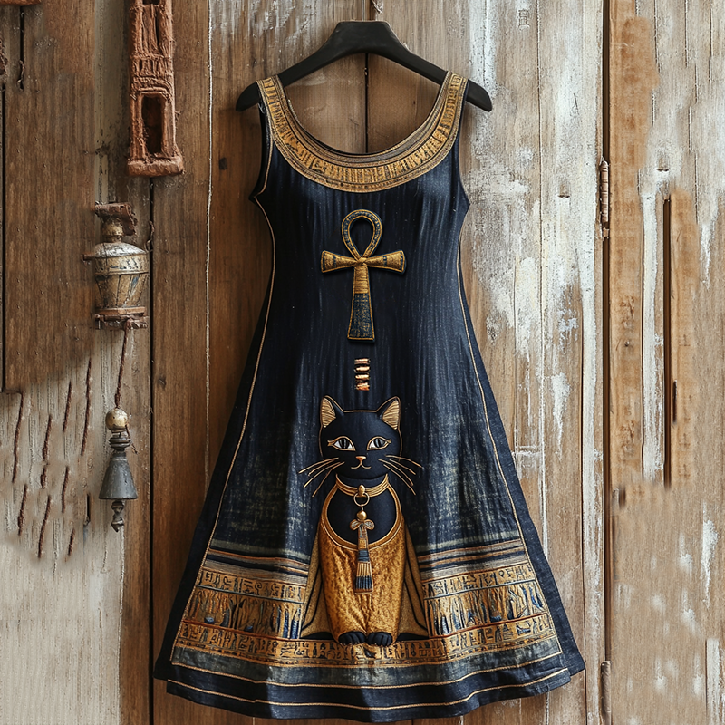 Comstylish Vintage Ancient Egyptian Bastet Black Cat Graphics Linen Sleeveless Mini Dress