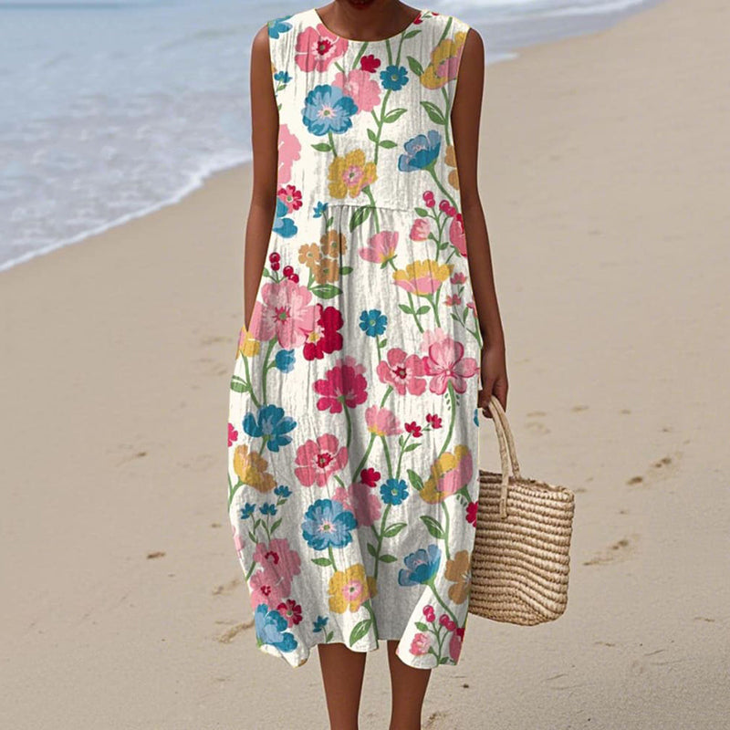 Vintage Loose Floral Art Linen Casual Tank Dress artswardrobe