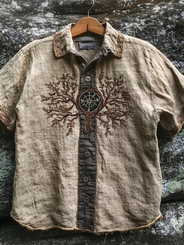 Viking Inspired Tree Of Life Embroidered Linen Shirt artswardrobe