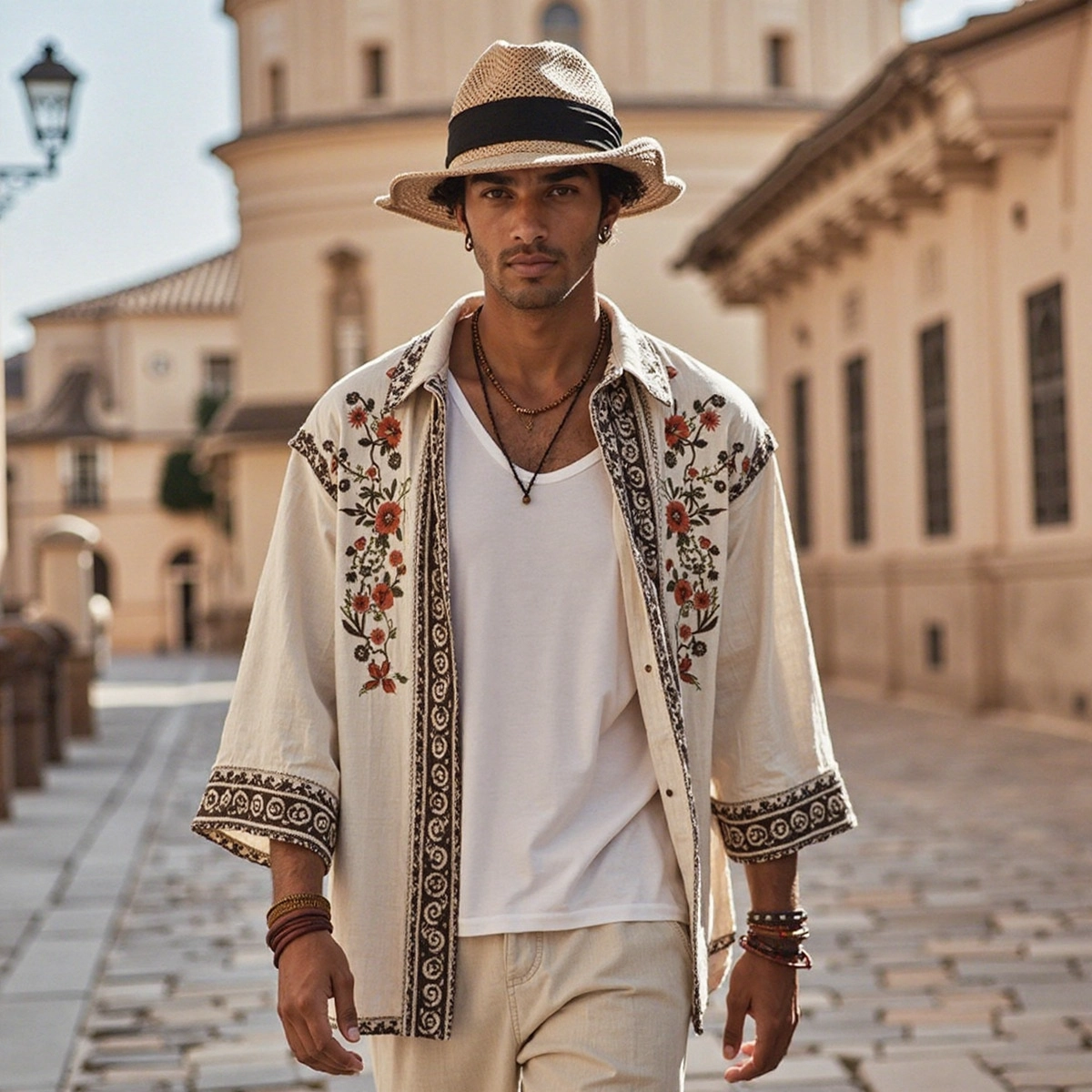 Men's Floral Embroidered Linen Casual Shirt artswardrobe