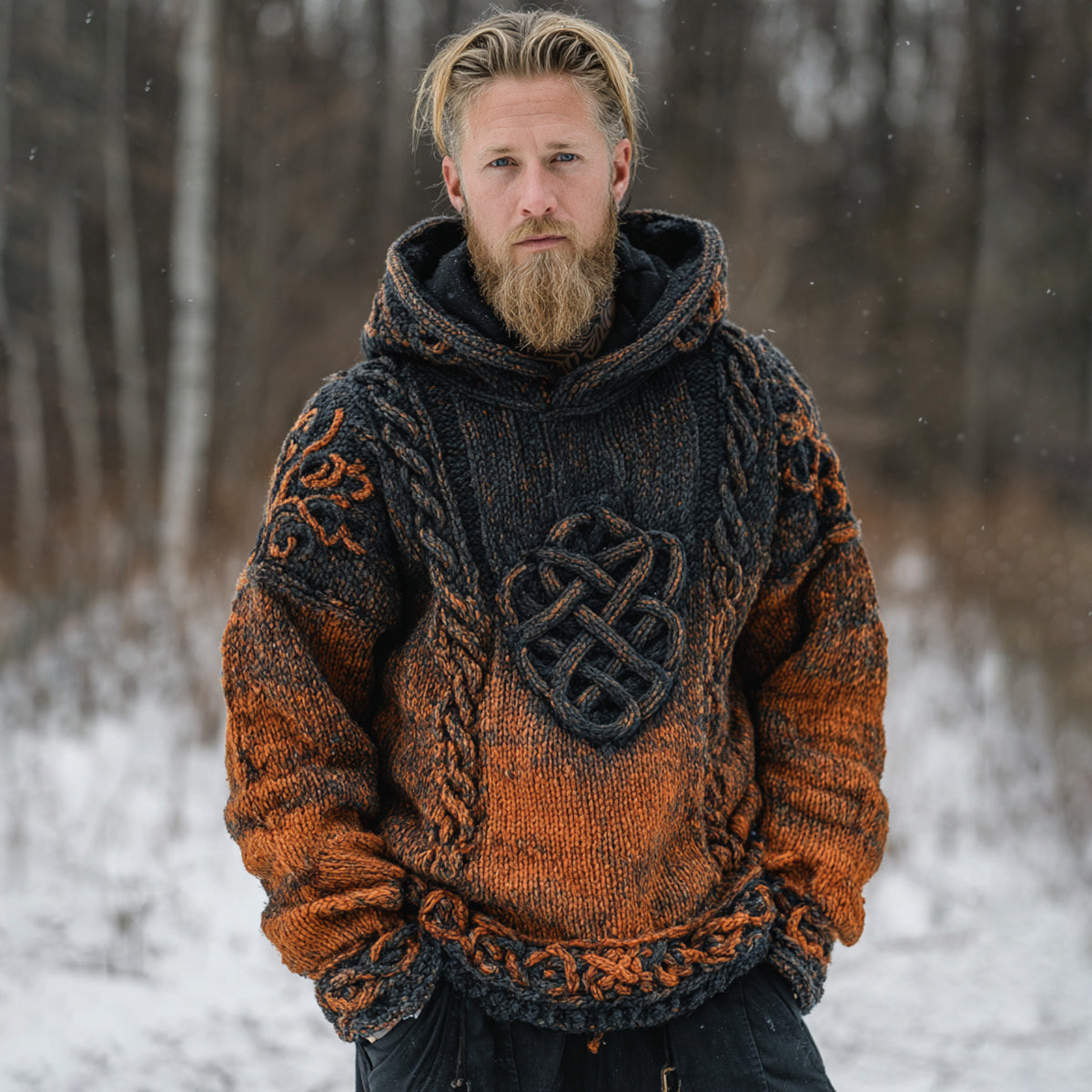 Men's Vintage Viking Celtic Knot Gradient Art Jacquard Knit Hooded Sweater artswardrobe