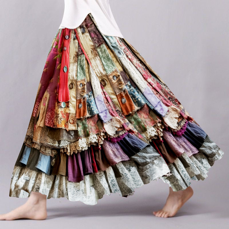 Boho Colorful Patchwork Textile Flowy Linen And Lace Blend Wide Skirt artswardrobe