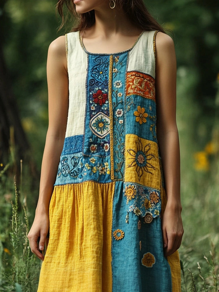 Vintage Petrykivka Folk Art Ukraine Colorblock Linen Tank Dress artswardrobe