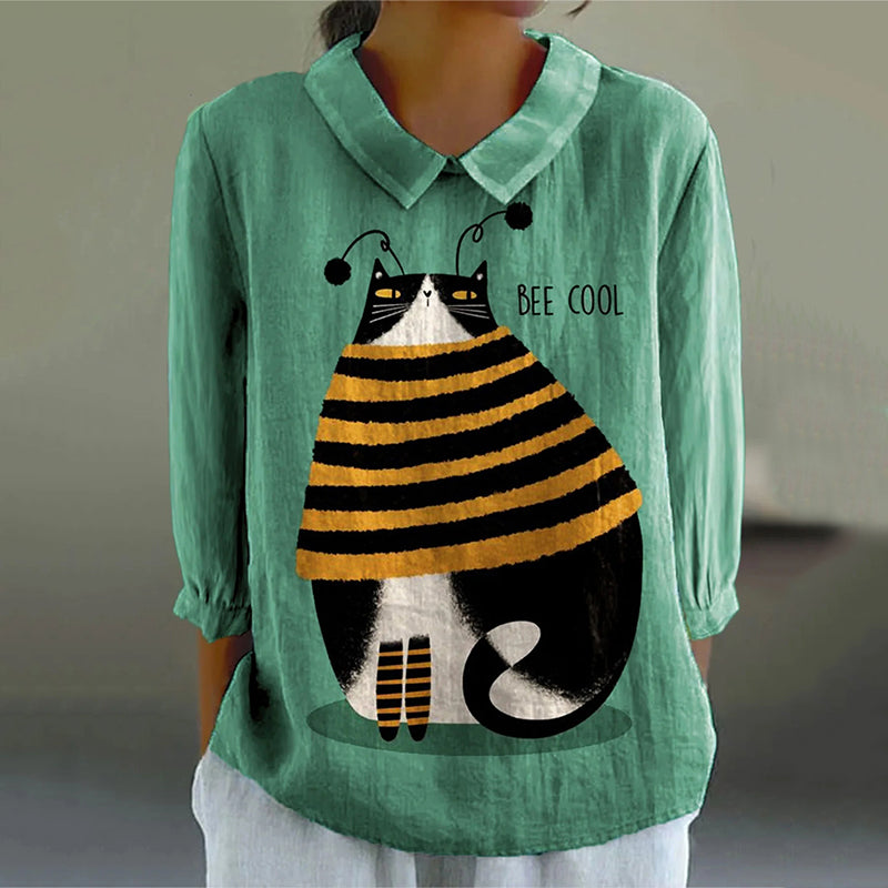 Women's Cute Cat Art Casual Linen Shirt elevenforest