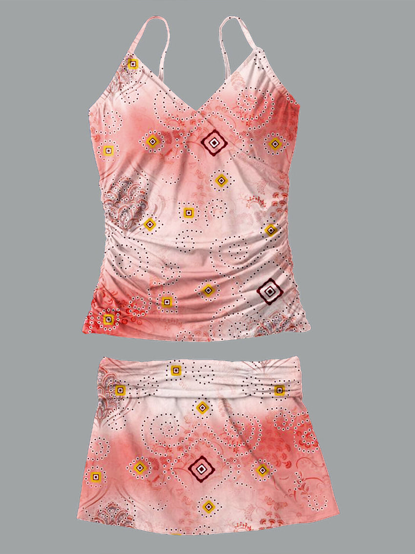 V-Neck Vintage Flowers Print Suspender Skirt Tankini Pantskirt Set Swimsuit