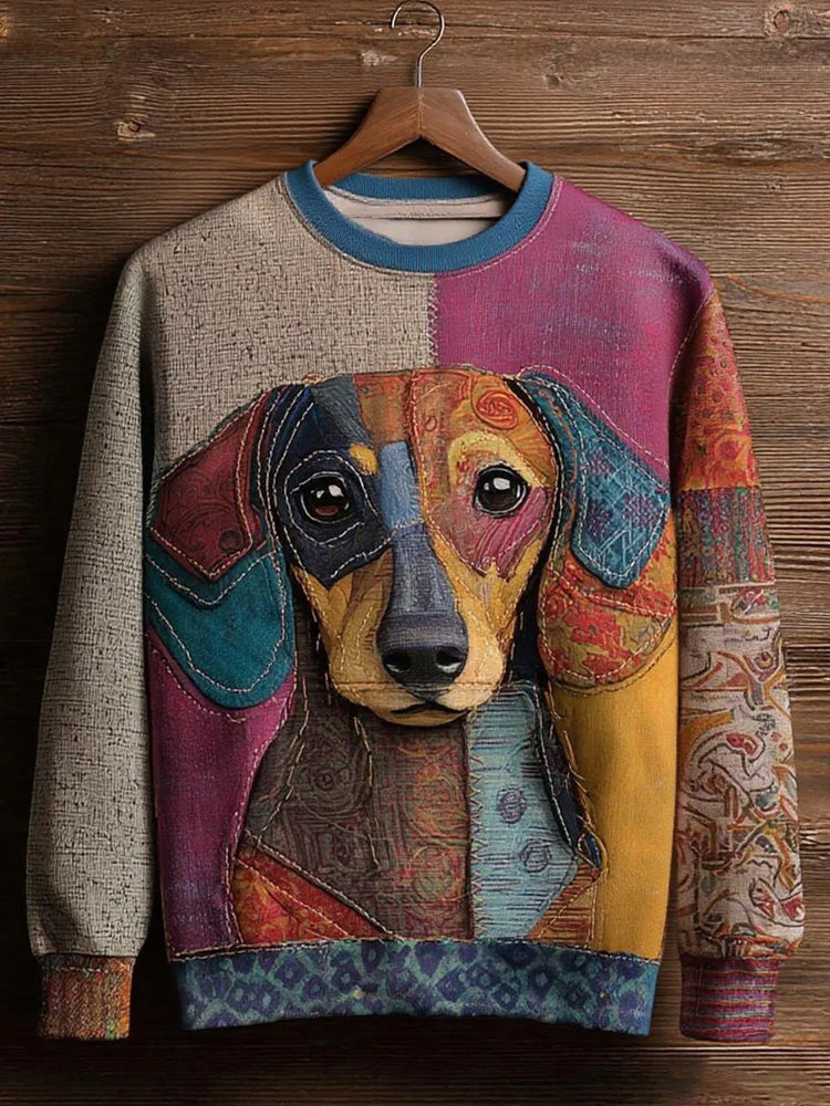 Women's Vintage Patchwork Dog Art Print Casual Sweatshirt artswardrobe
