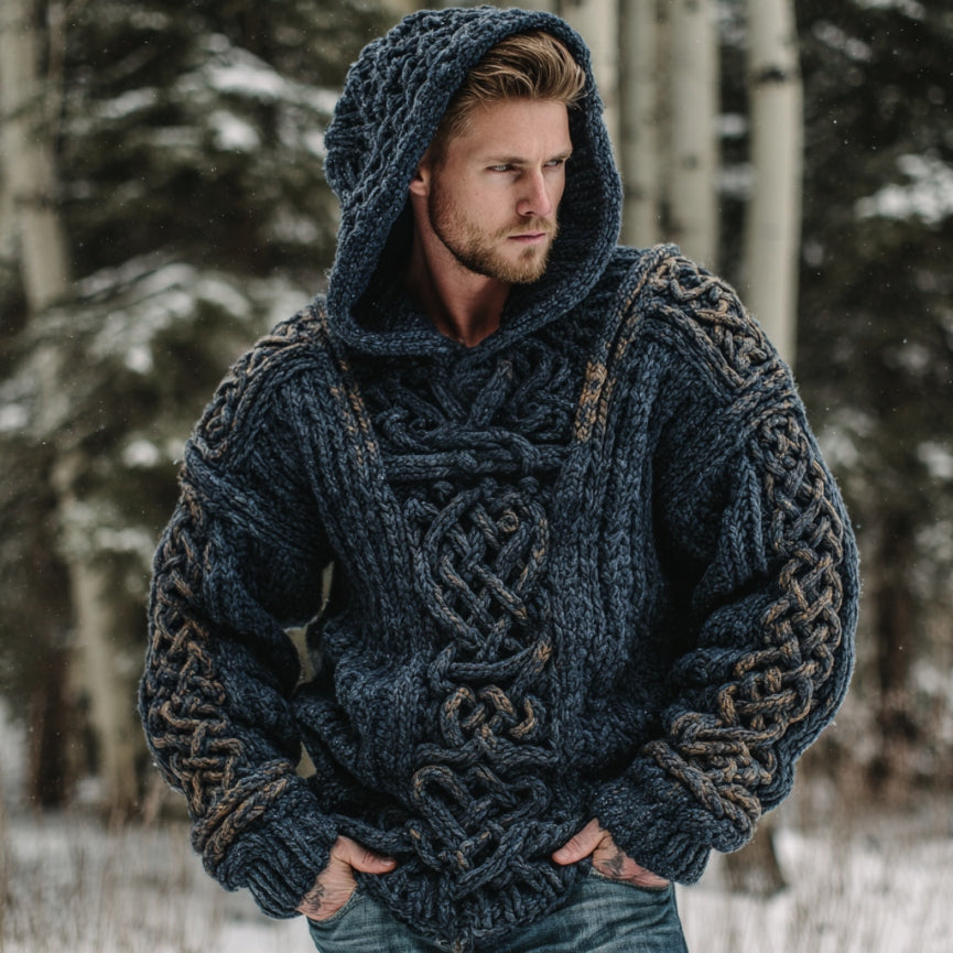 Vintage Viking Celtic Knot Art Chunky Knit Hooded Sweater artswardrobe