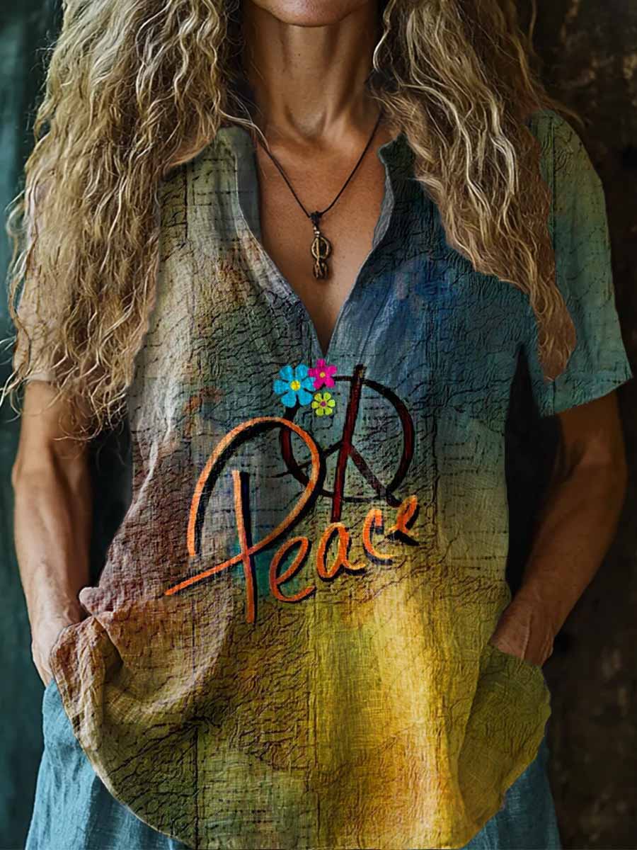 Women's Love Peace Hippie Pattern Art Print Casual Short Sleeve Comfor