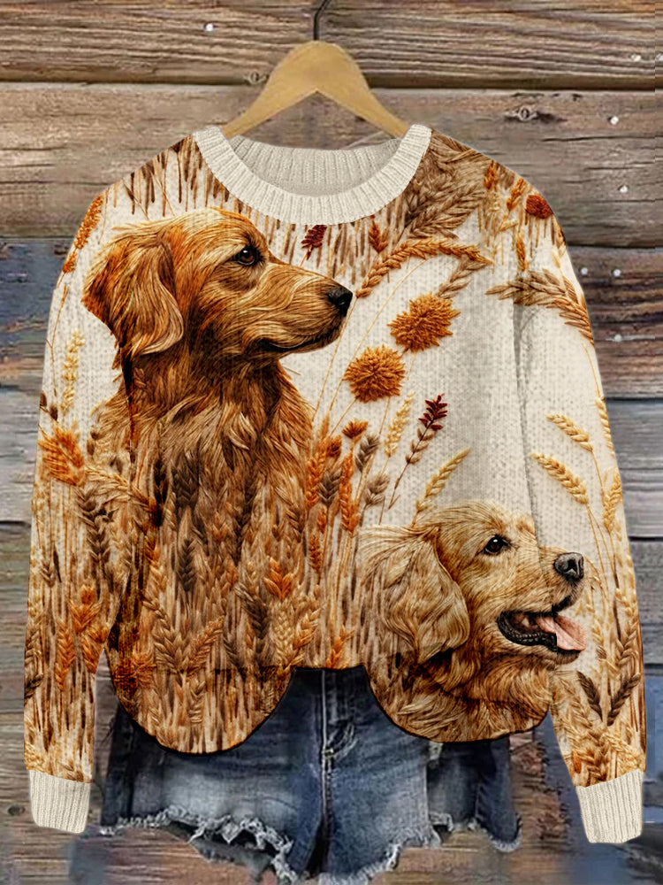 Comstylish Golden Retriever Embroidery Art Cozy Sweater
