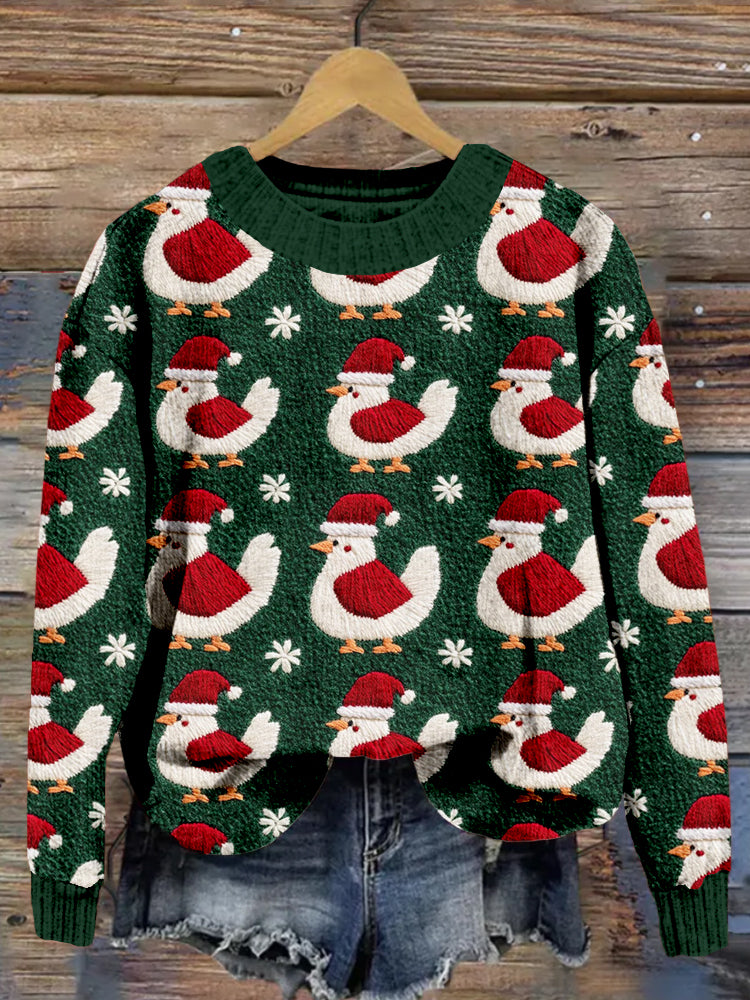 Comstylish Christmas Santa Chicken Embroidered Cozy Sweater
