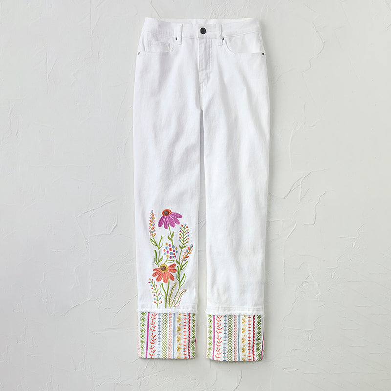 Comstylish Retro Colorful Flowers Embroidered Art Inspiration Design Jeans