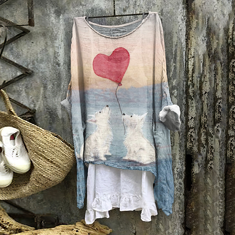 Comstylish Romantic Westie Pair On Beach Art Print Crew Neck Loose Blouse