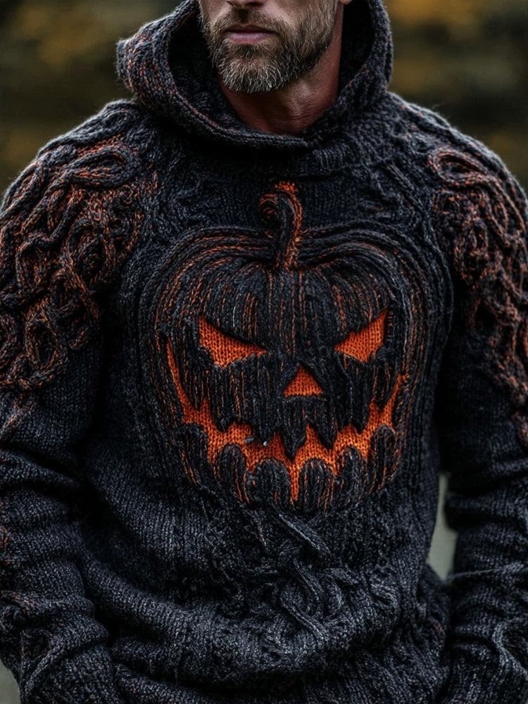 Men's Spooky Pumpkin Face Halloween Chunky Hooded Sweater artswardrobe