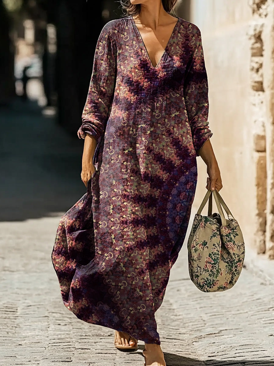 Women's Retro Ethnic Mandala Print Pocket Cotton Dress