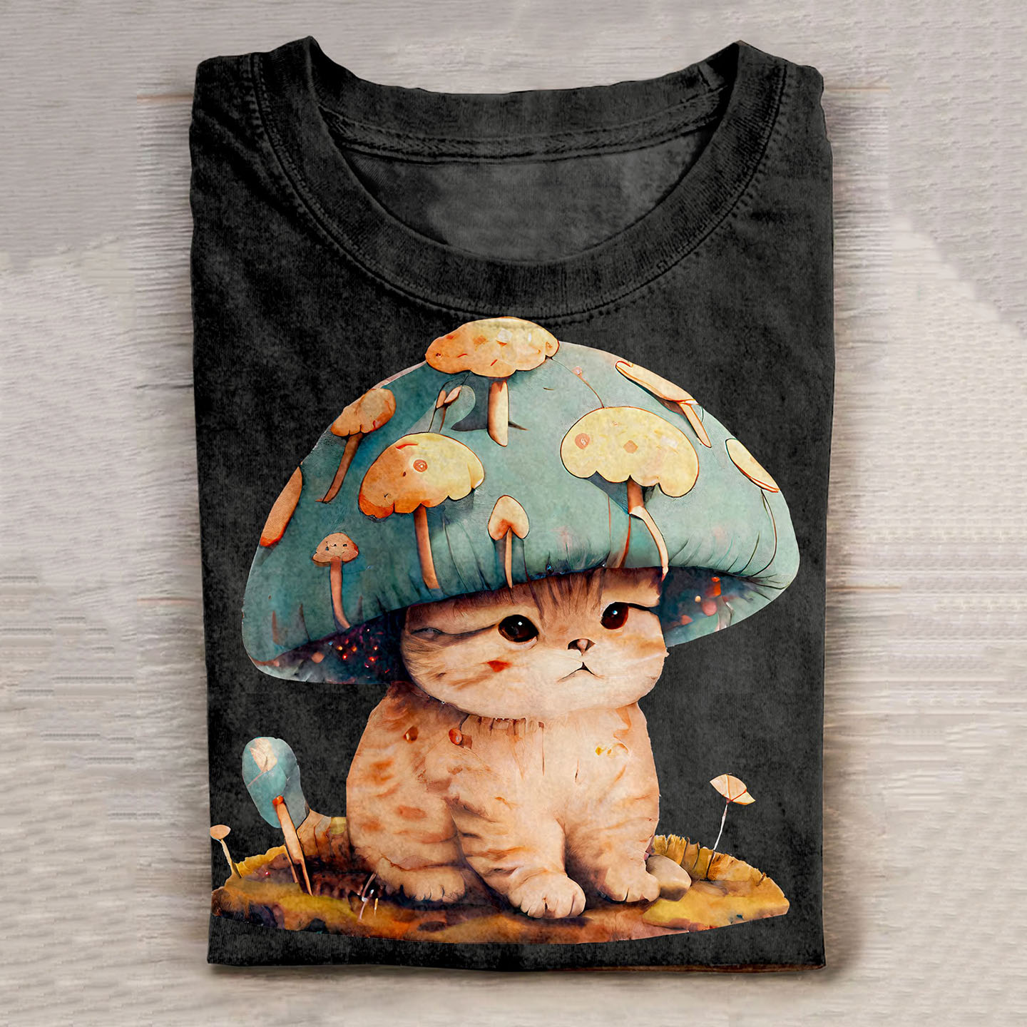 Cute Mushroom Cat Art Vintage Washed T Shirt elevenforest