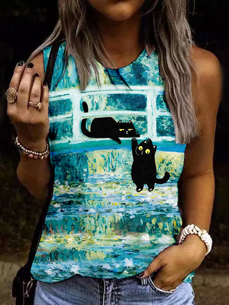Vintage Black Cat Bridge of Waterlilies Art Tank Top elevenforest