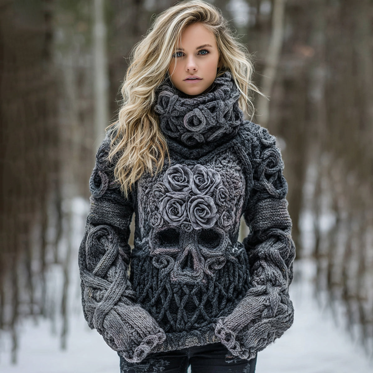 Women's Vintage Rose Skull Jacquard Chunky Knit Ombre Turtleneck Sweater elevenforest