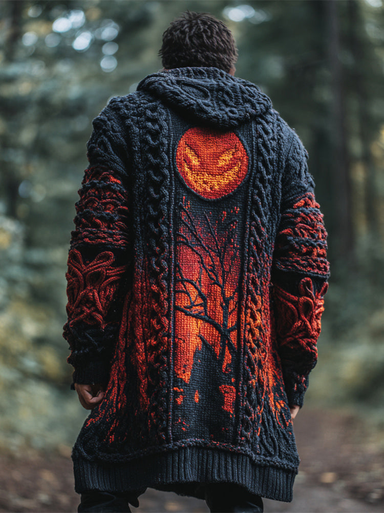 Halloween Pumpkin Lights Men's Hooded Twist Sweater Cardigan artswardrobe