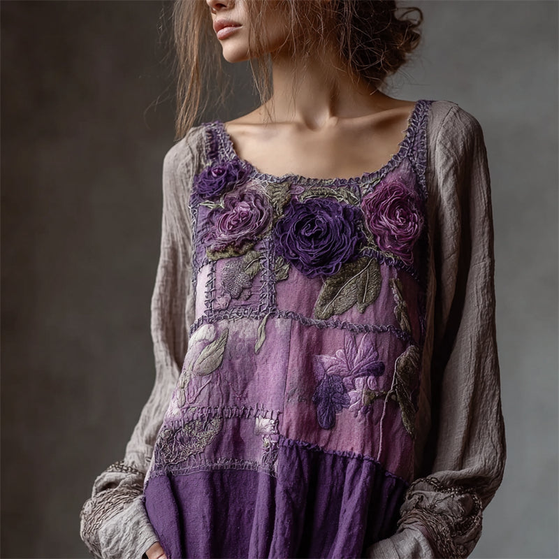 Vintage Purple Flowers Boho Lace Patchwork Linen Tunic artswardrobe