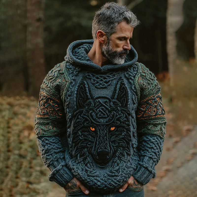 Men's Vintage Viking Wolf Gradient Art Jacquard Knitted Cozy Hooded Sweater artswardrobe