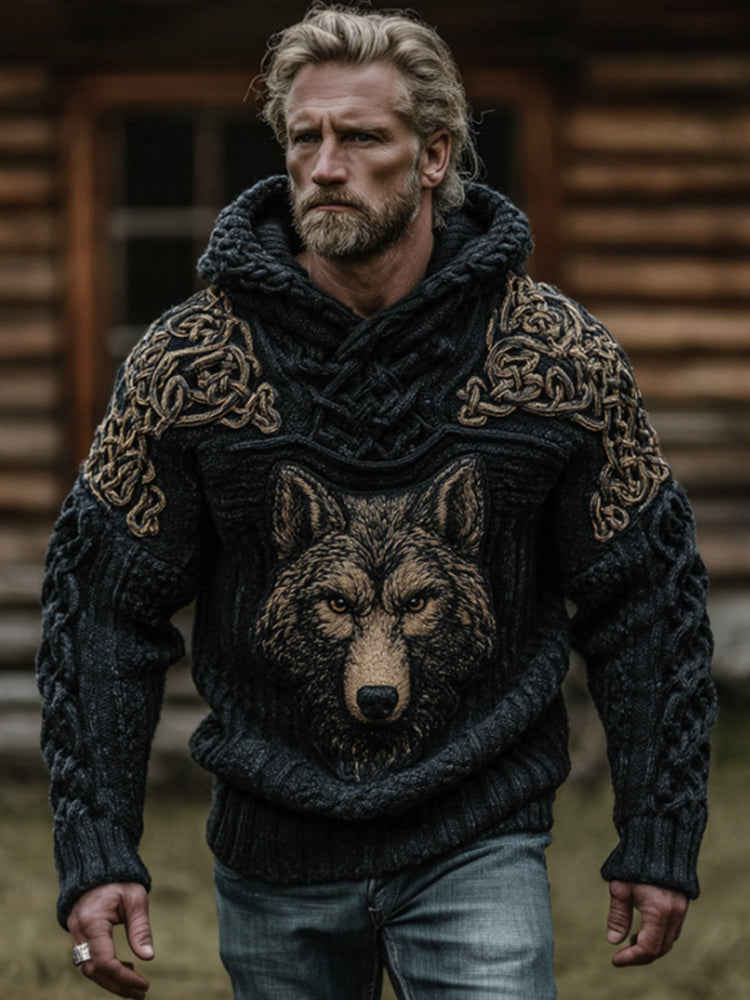 Men's Viking Style Celtic Knot Wolf Totem Contrasting Thick Hooded Sweater artswardrobe