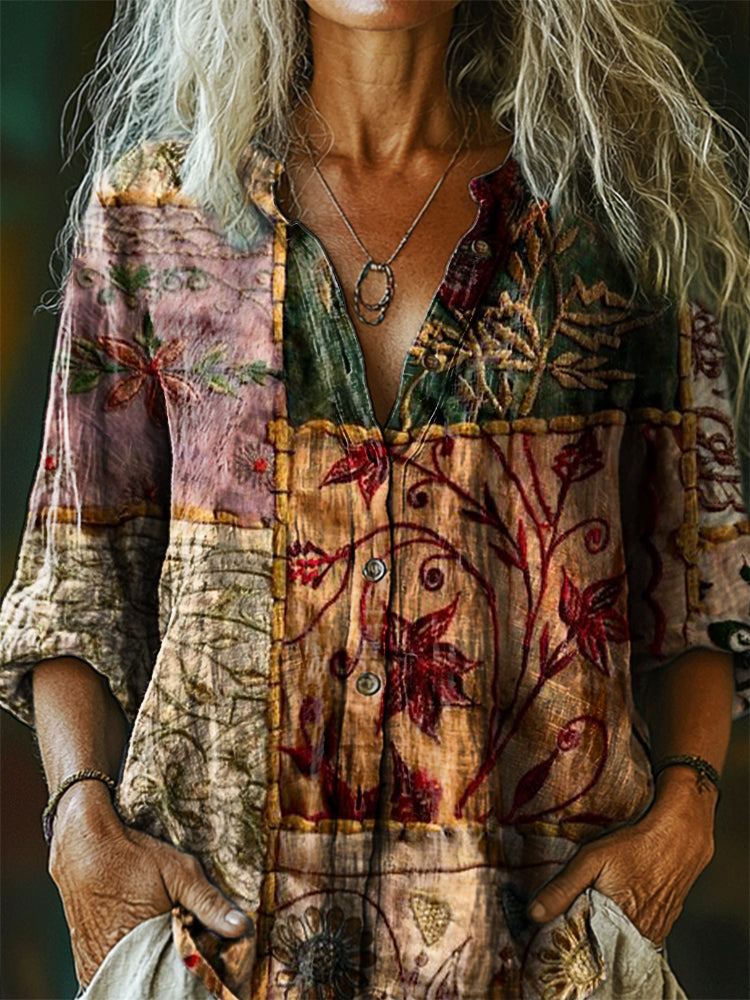 Women's Bohemian Pattern Art Print Casual Cotton Linen Shirt