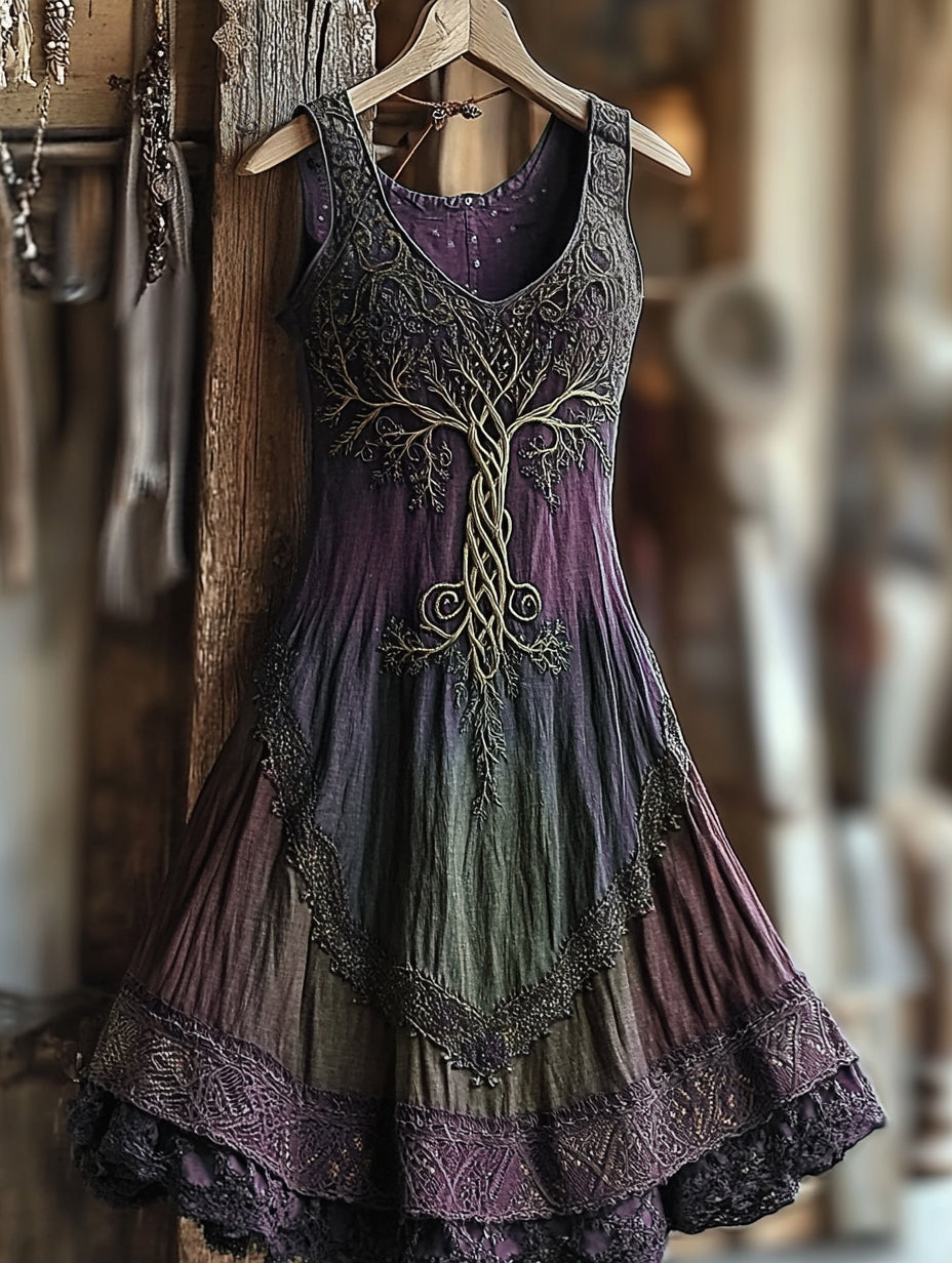 Women's Vintage Viking Tree Of Life Gradient Linen Dress artswardrobe